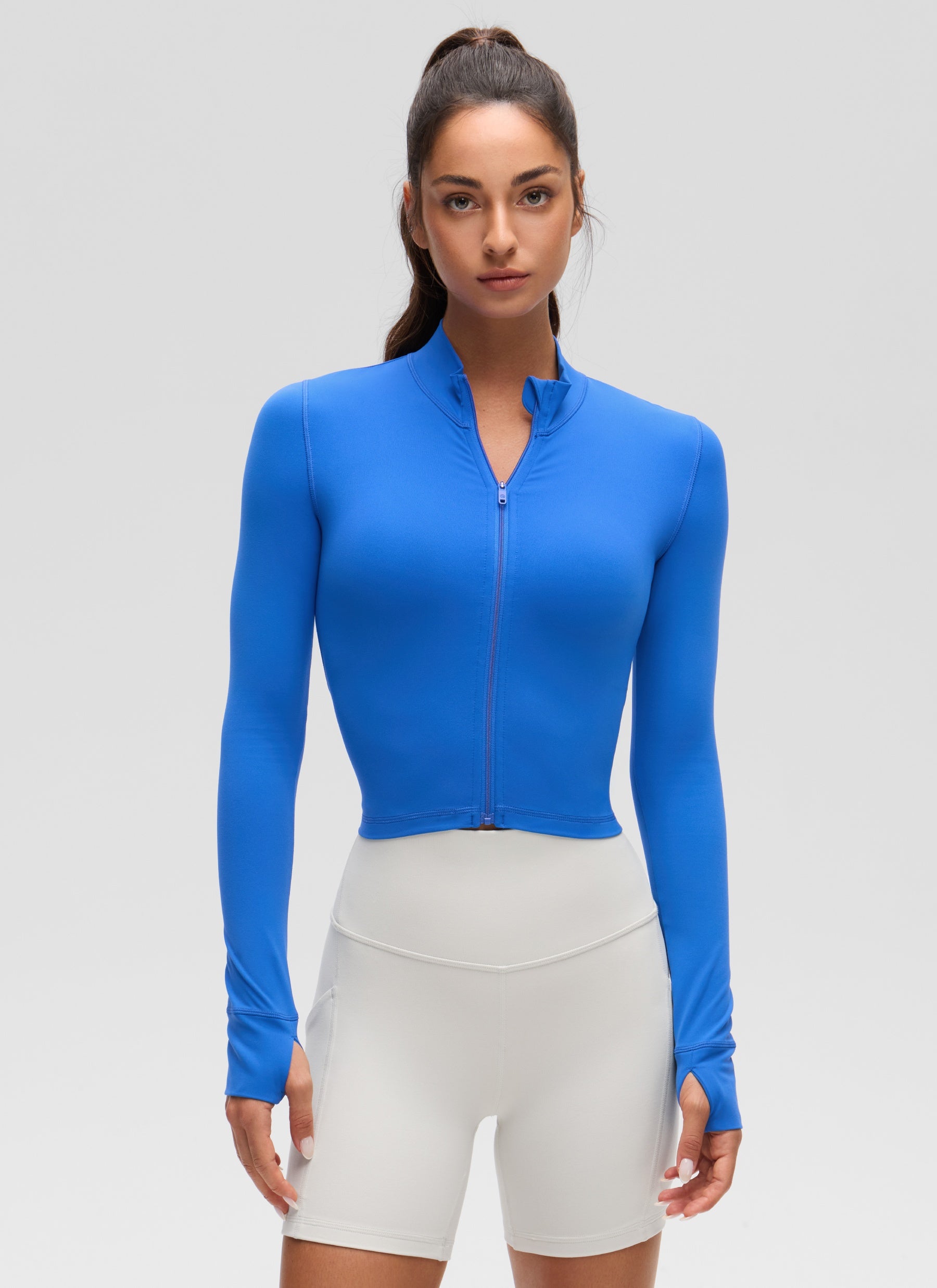 CRZ YOGA Jaket Luar Pendek Wanita dengan Resleting Penuh " Butterluxe " Warna Biru Berkilau