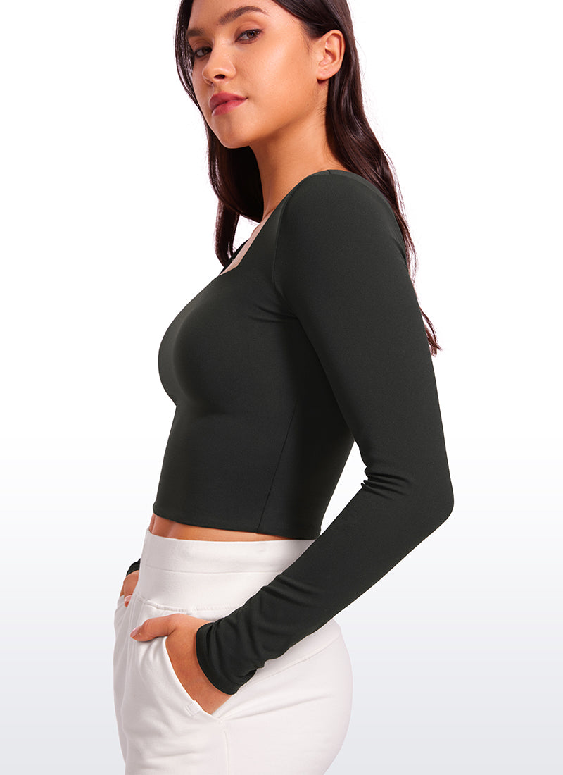 CRZ YOGA Women's Tight Fit Butterluxe Yoga Crop Long Sleeves Square Neck Black