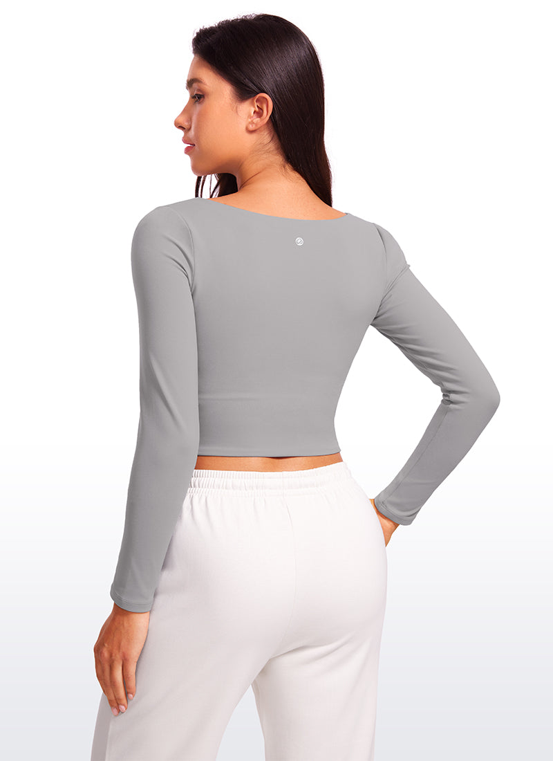 CRZ YOGA Women's Tight Fit Butterluxe Yoga Crop Long Sleeves Square Neck Gull Gray