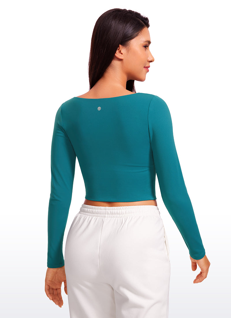 CRZ YOGA Women's Tight Fit Butterluxe Yoga Crop Long Sleeves Square Neck Green Jade