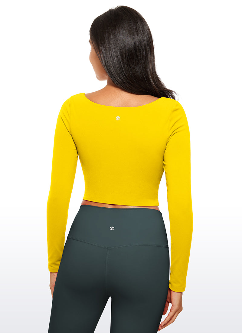 CRZ YOGA Women's Tight Fit Butterluxe Yoga Crop Long Sleeves Square Neck High Visibility Yellow