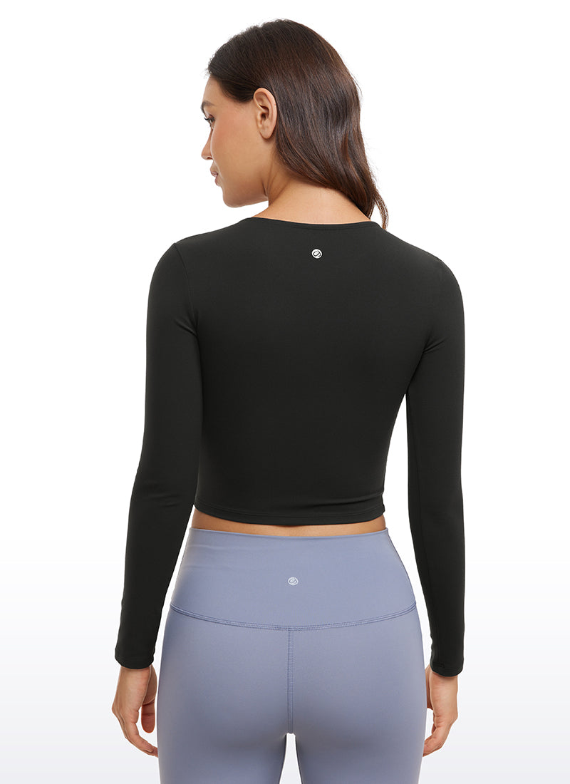 CRZ YOGA Atasan Yoga Wanita Model Slim Fit, Potongan Pendek ( Butterluxe ), Lengan Panjang, Jahitan Depan, Warna Hitam