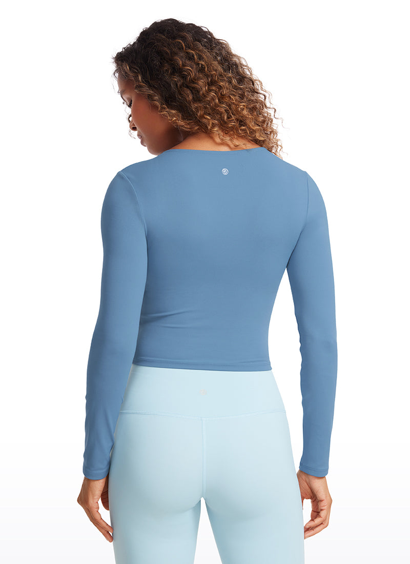 Butterluxe CRZ YOGA Atasan Yoga Wanita Model Slim Fit, Potongan Pendek, Lengan Panjang, Jahitan Depan, Warna Biru Universe