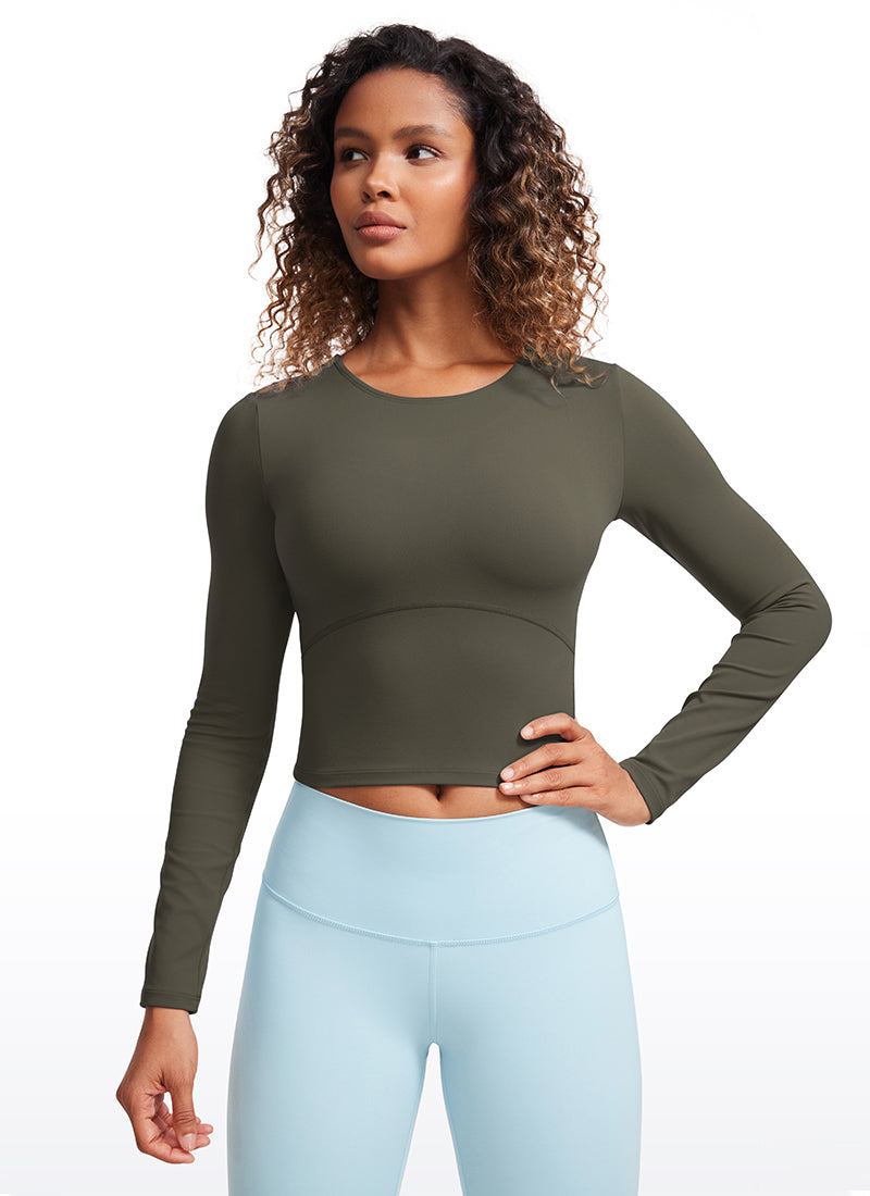 CRZ YOGA Atasan Yoga Wanita Model Slim Fit, Potongan Pendek ( Butterluxe ), Lengan Panjang, Jahitan Depan, Warna Hijau Tentara Muda
