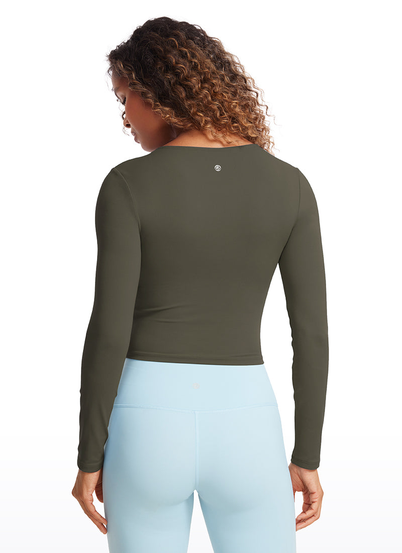 CRZ YOGA Atasan Yoga Wanita Model Slim Fit, Potongan Pendek ( Butterluxe ), Lengan Panjang, Jahitan Depan, Warna Hijau Tentara Muda