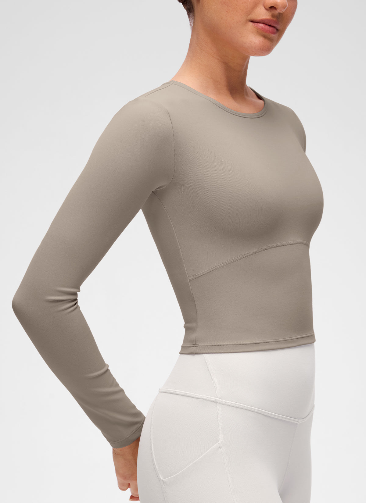 CRZ YOGA Atasan Yoga Wanita Model Slim Fit, Potongan Pendek ( Butterluxe ), Lengan Panjang, Jahitan Depan, Warna Abu-abu Hangat