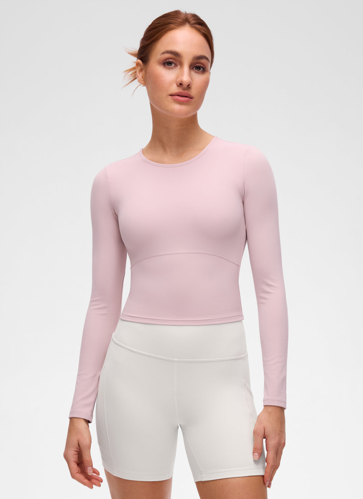 CRZ YOGA Atasan Yoga Wanita Model Slim Fit, Potongan Pendek ( Butterluxe ), Lengan Panjang, Jahitan Depan, Warna Pink Haze