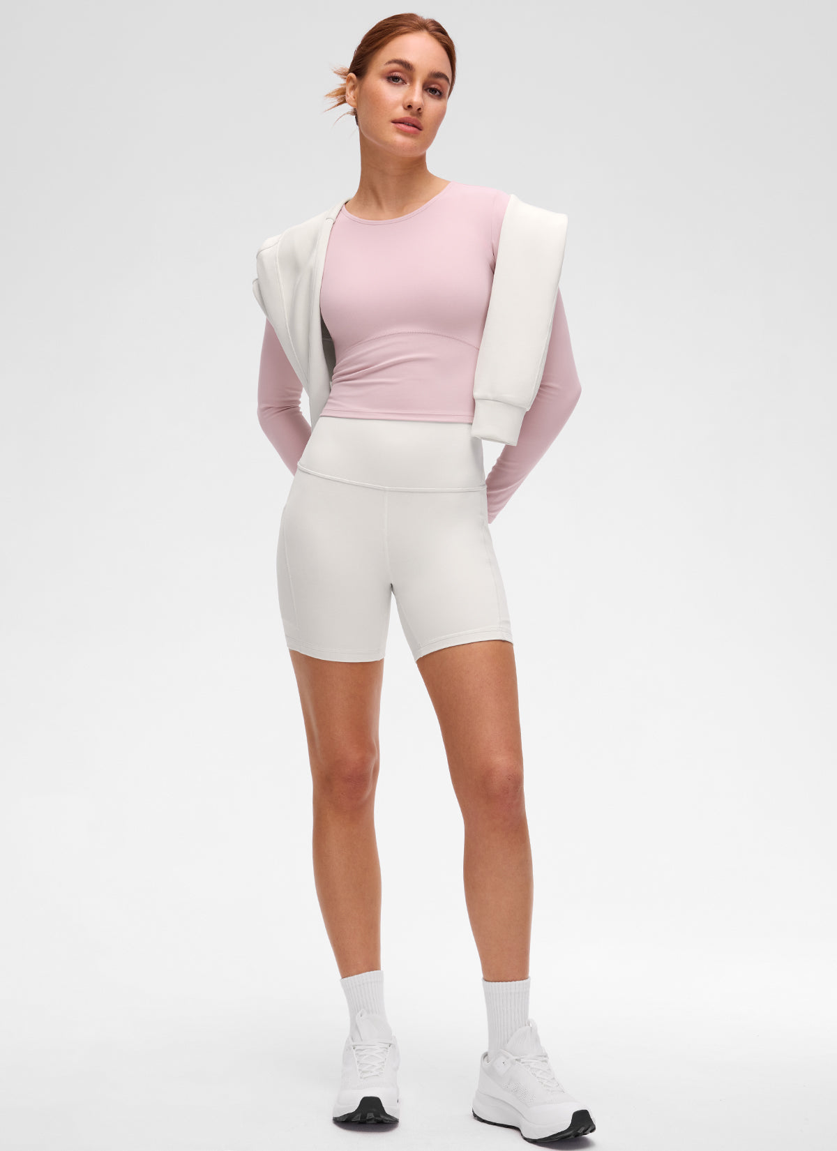 CRZ YOGA Atasan Yoga Wanita Model Slim Fit, Potongan Pendek ( Butterluxe ), Lengan Panjang, Jahitan Depan, Warna Pink Haze