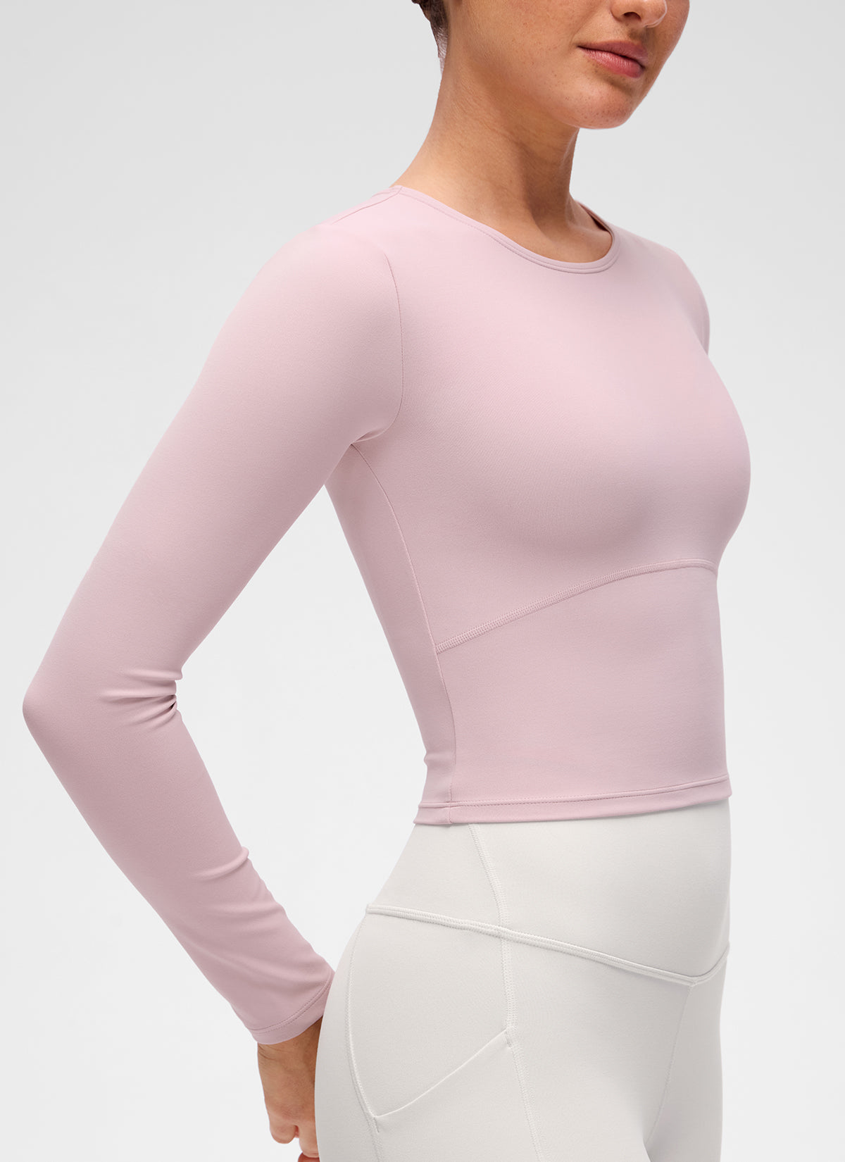 CRZ YOGA Atasan Yoga Wanita Model Slim Fit, Potongan Pendek ( Butterluxe ), Lengan Panjang, Jahitan Depan, Warna Pink Haze