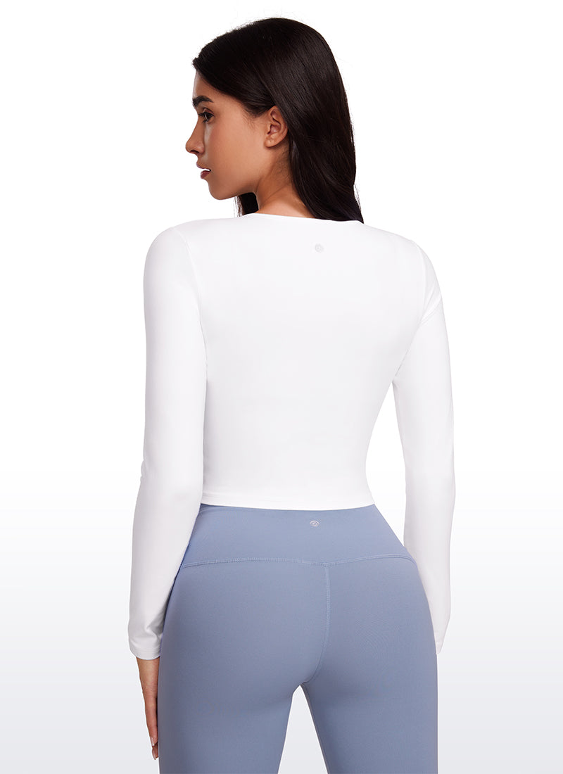 CRZ YOGA Atasan Yoga Wanita Model Slim Fit, Potongan Pendek ( Butterluxe ), Lengan Panjang, Jahitan Depan, Warna Putih